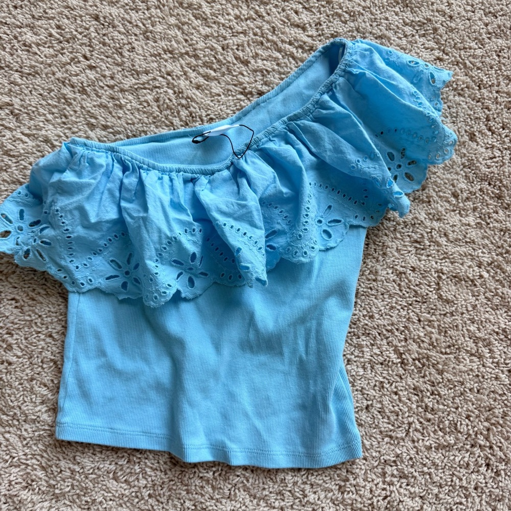 Zara Light Blue Ruffled Off-Shoulder Blouse